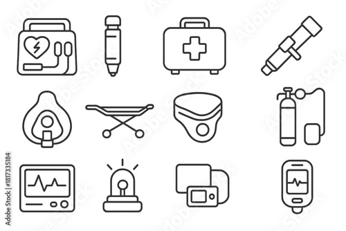 Emergency Devices Icons. Line style icons of Emergency Devices: Defibrillator, Epinephrine Injector, First Aid Kit, Tourniquet;