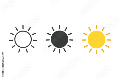 Minimalist Sun Icons. Minimalist sun summer icon: three identical bright suns with rays around in a row, first in line style with