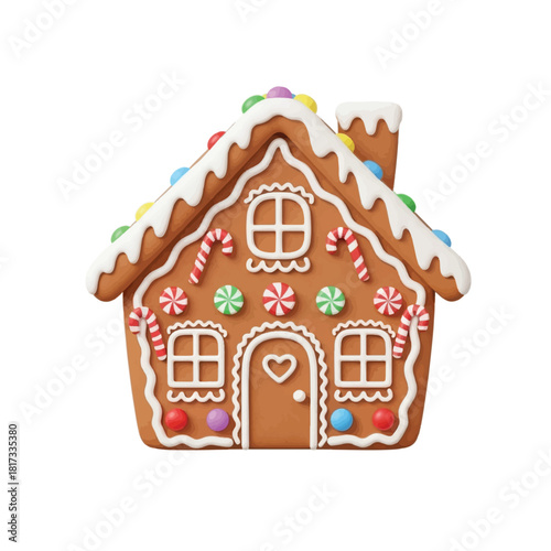 Gingerbread House decorated with candy canes, icing borders, peppermint buttons, and a cute cookie-style roof, isolated on white background