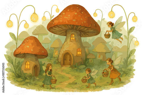 Fairy Mushroom Village. Mushroom village with fungi houses, tiny fairies carrying baskets, and glowing lantern spores No text, No