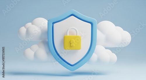 A cloud security shield with a yellow padlock floating in the sky, ensuring data protection and privacy
