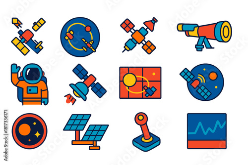 Orbital Operations Icons. Flat vector icons of orbital operations: satellite deployment, orbital path, docking station, space