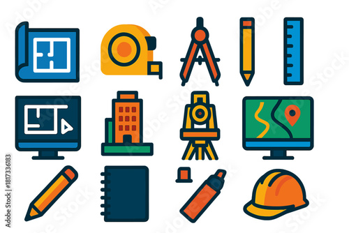 City Planning Tools Icons. Flat vector icons of city planning tools: blueprint, measuring tape, compass, scale ruler, CAD screen,