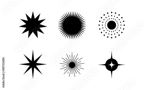 Set of minimalist black starburst and sunburst shapes for design inspiration