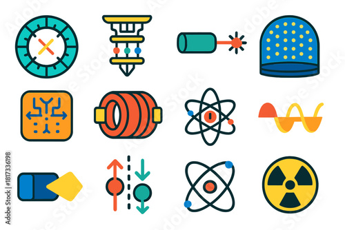 Modern Physics Icons. Flat vector icons of modern physics: particle collider, quantum computer, laser, neutrino detector,