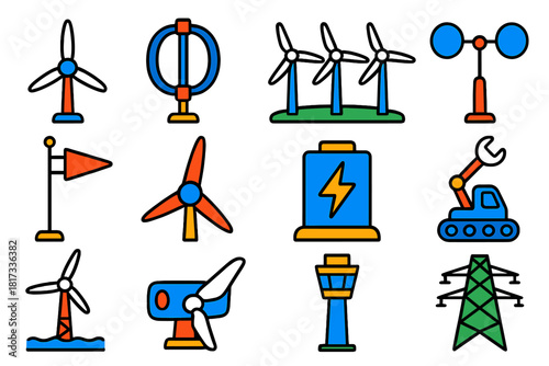 Wind Energy Icons. Flat vector icons of wind power: horizontal axis turbine, vertical axis turbine, wind farm, anemometer, wind
