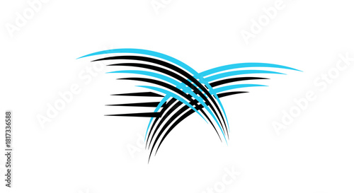 Abstract Geometric Design Using Blue and Black Curved Lines Against White Background