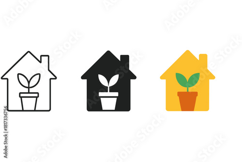 Minimalist Plant Icons. Minimalist plant home icon: three identical potted plants with leaves in a row, first in line style with