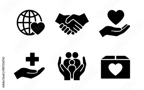 Charity and care symbols: black silhouette icons for global impact and support