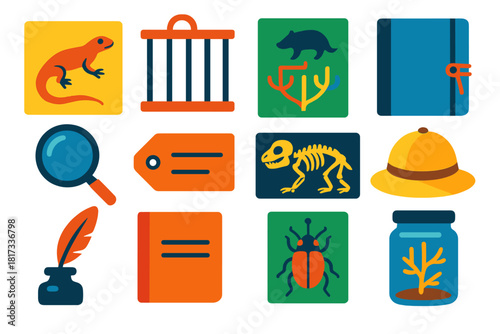 Vintage Zoology Icons. Flat vector icons of Vintage Zoology: animal sketch, wooden cage, classification chart, observation