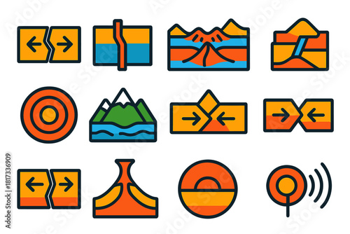 Tectonic Icons Collection. Flat vector icons of plate tectonics: tectonic plates, fault line, mid-ocean ridge, subduction zone,