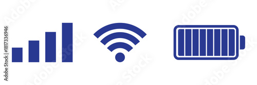 Status bar icon. Phone bar status Icons which includes Cellullar, battery and wi-fi signal strength. Signal strength wifi and battery icons technology. Battery, WiFi, and mobile network icon vector.