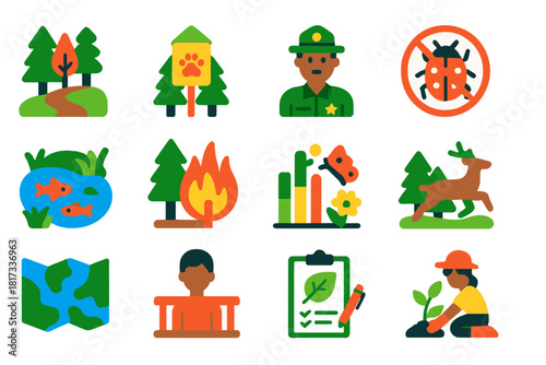 Ecosystem Management Icons. Flat vector icons of ecosystem management: forest trail, protected area sign, ranger patrol, invasive