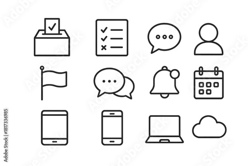 Participatory Tools Icons. Line style icons of Participatory Tools: Voting Box, Poll, Comment, User Icon; Flag, Chat Bubble,