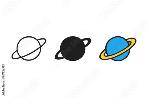 Minimalist Planet Trio. Minimalist planet icon: three identical round planets with ring around them in a row, first in line style