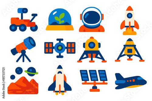 Space Exploration Icons. Flat vector icons of space exploration: Mars rover, space colony dome, astronaut helmet, rocket launch,