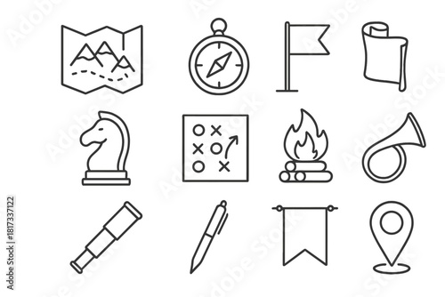 Military Strategy Icons. Line style icons of Military Strategy: Map, Compass, Flag, Scroll; Chess Piece, Battle Formation, Signal