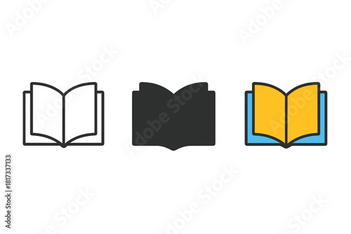 Minimalist Book Icon Trio. Minimalist open book icon: three identical open books with visible pages in a row, first in line style