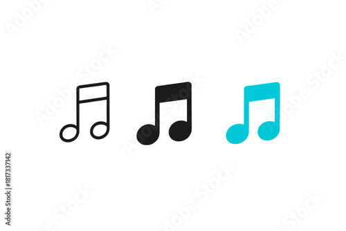 Colorful Music Notes. Minimalist music note icon: three identical single notes with stems in a row, first in line style with thin