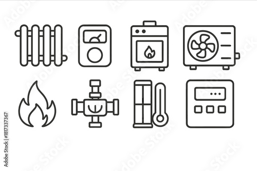 Home Heating Icons. Line style icons of Home Heating Solutions: Radiator, Thermostat, Stove, Heat Pump; Pipe, Valve, Sensor,