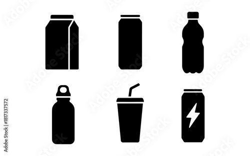 Set of beverage container icons in silhouette style for packaging design