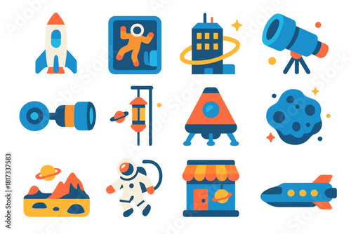 Space Tourism Icons. Flat vector icons of space tourism: passenger rocket, zero-gravity cabin, space hotel, viewing telescope,
