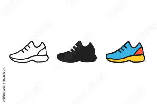 Minimalist Sneaker Icons. Minimalist running shoe icon: three identical sneakers in side view in a row, first in line style with