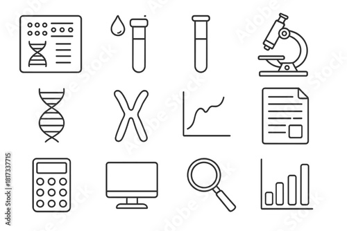 Predictive Testing Icons. Line style icons of Predictive Testing: Gene Panel, Blood Sample, Test Tube, Microscope; DNA Helix,