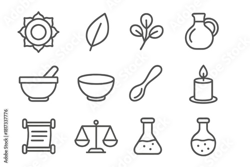 Ayurveda Line Icons. Line style icons of Ayurveda: Chakra, Leaf, Herb, Oil Bottle; Mortar, Pestle, Bowl, Spoon; Candle, Scroll,