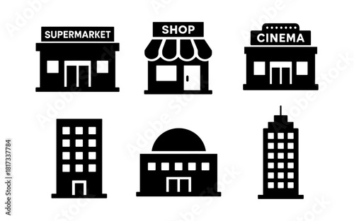 Silhouette icons of urban buildings and shops for cityscape designs