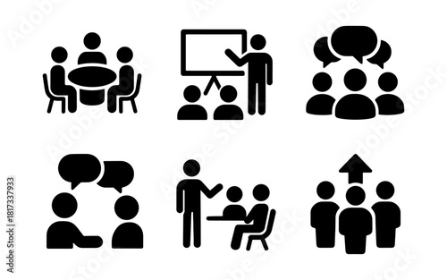 Business meeting and presentation icons for team communication and collaboration