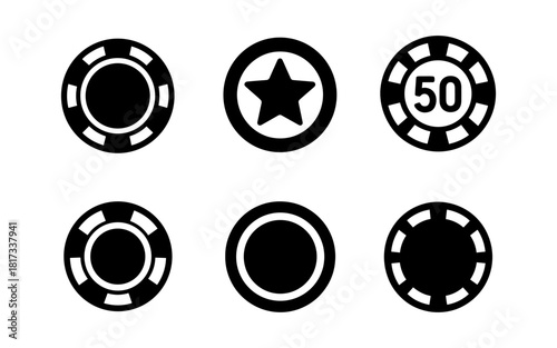 Set of black and white casino chips with icon and number designs