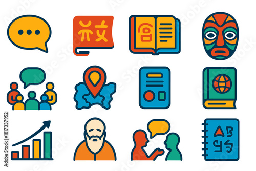 Endangered Language Icons. Flat vector icons of endangered languages: speech bubble, tribal script, ancient manuscript, cultural