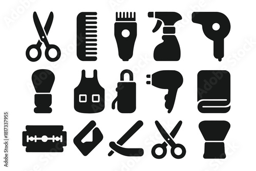 Barber Tools Icons. Solid style icons of Barber Tools: Scissors, Comb, Clippers, Spray Bottle, Brush, Apron, Hairdryer, Towel,