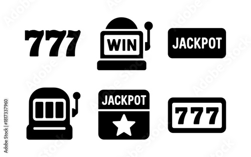 Silhouette casino slot machine icons: jackpot, 777, win symbols collection