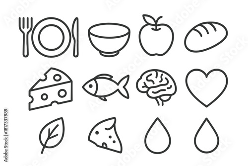 Nutritional Icons Design. Line style icons of Nutritional Psychology: Plate, Fork, Knife, Bowl; Apple, Bread, Cheese, Fish; Brain,
