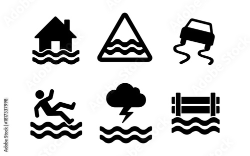 Flood warning icons: house, car, person, lightning, barricade symbols for safety communication