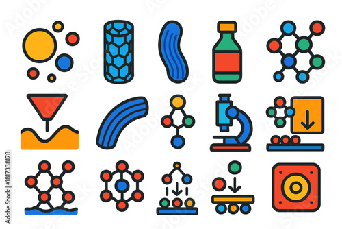 Flat Nanochemistry Icons. Flat vector icons of nanochemistry: nanoparticle, carbon nanotube, quantum dot, molecular assembly,