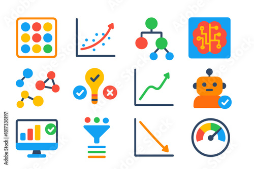 Machine Learning Icons. Flat vector icons of machine learning: training dataset, regression chart, decision tree, AI model,