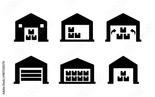 Warehouse icons set: storage silhouettes with containers and arrows