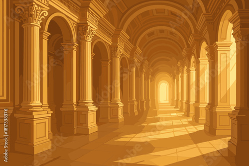 Ornate Architectural Hallway. Grand architectural hallway with ornate columns and soft golden light streaming through, luxurious