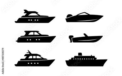 Collection of boat silhouettes: yachts, speedboats, and ships in black design