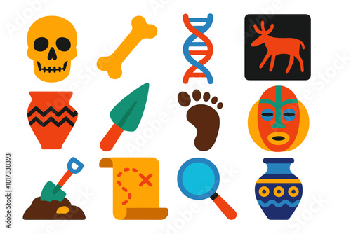 Anthropology Icon Set. Flat vector icons of anthropology: human skull, fossil bone, DNA strand, cave painting, pottery shard,