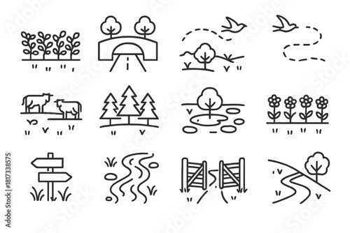 Wildlife Corridor Icons. Line style icons of wildlife corridors: hedgerow, green bridge, underpass, migratory path; fenceless