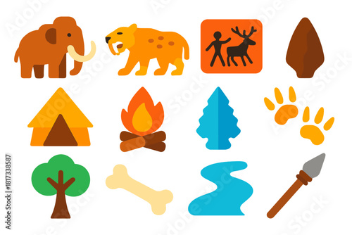 Prehistoric Icon Set. Flat vector icons of prehistoric life: mammoth, saber-toothed cat, cave painting, stone tool, primitive hut,
