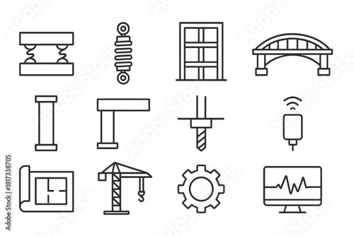 Seismic Engineering Icons. Line style icons of Seismic Engineering: Base Isolator, Shock Absorber, Building Frame, Bridge; Column,