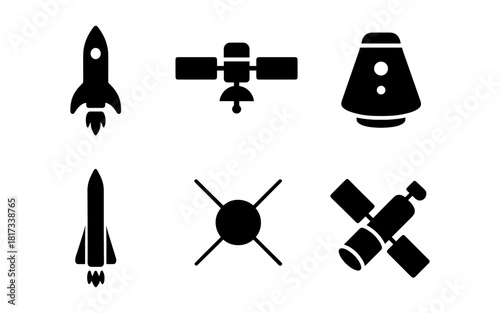 Space exploration icons: flat silhouettes of rockets, satellites, and capsules
