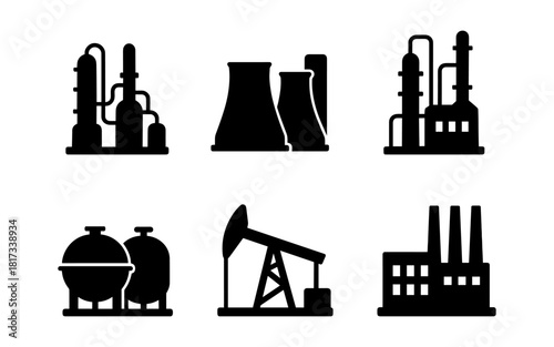 Industrial equipment silhouette set: factories, refineries, oil pumps