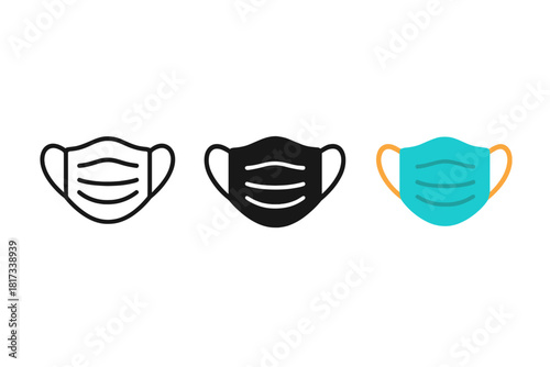Minimal Masks Design. Minimalist medical mask icon: three identical protective face masks in a row, first in line style with thin