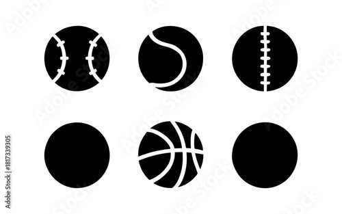 Minimalist sports ball silhouettes: baseball, tennis, football, basketball